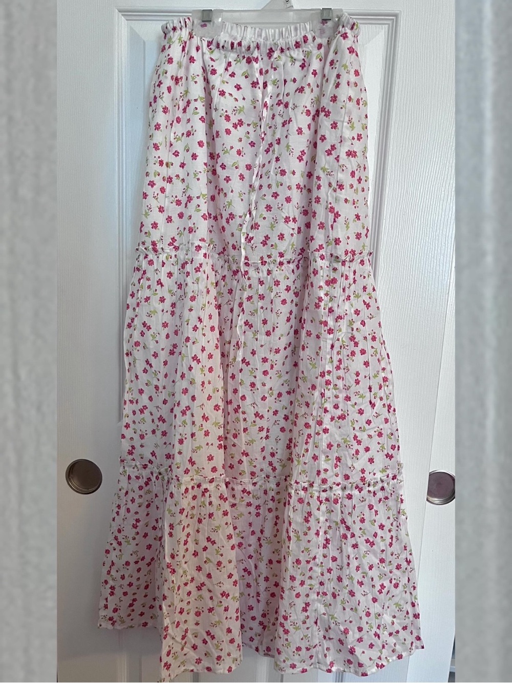 BRAND NEW 100% Cotton White Floral Tiered Maxi Skirt with Pink & Green Flowers